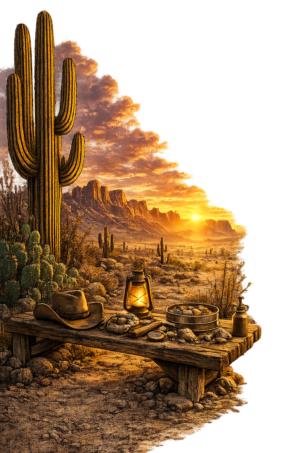 Desert sunset with cactus, lantern, rocks, and trail gear